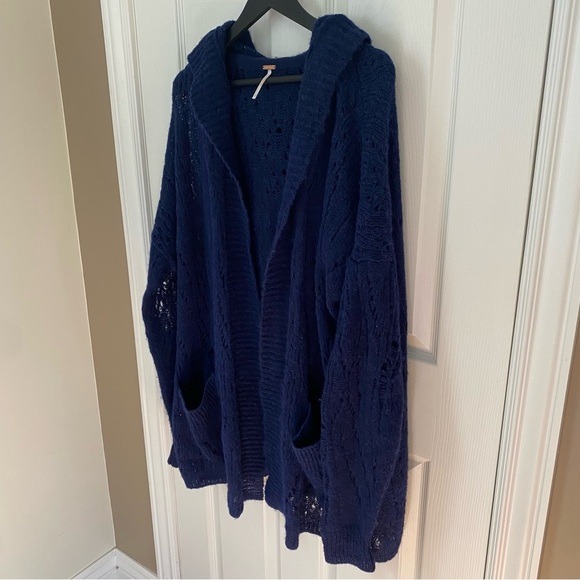 Free People Lemon Drop Alpaca Hooded Oversized Deep Blue Cardigan Small - Picture 5 of 13